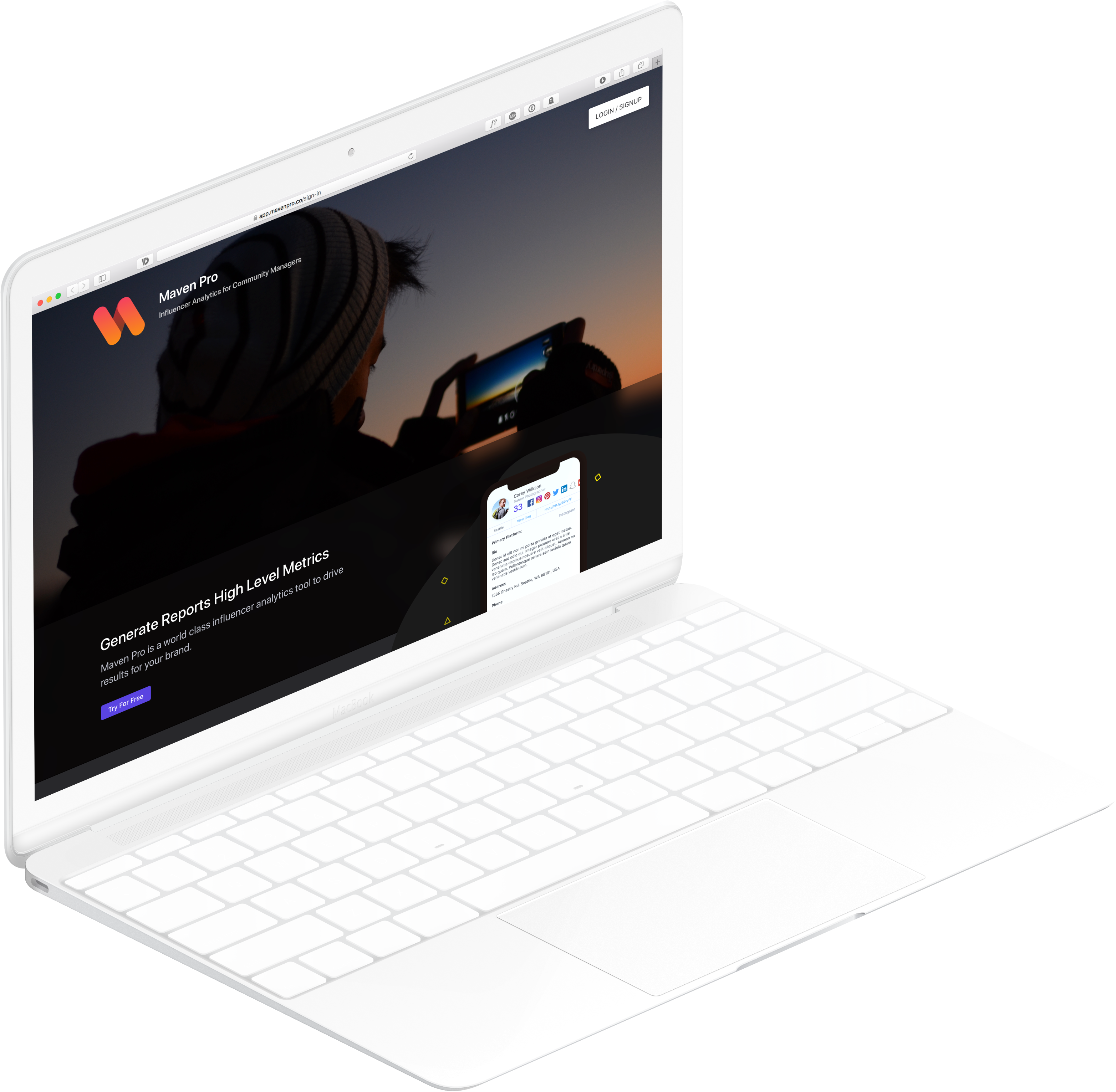 A laptop displaying the landing page for community managers.